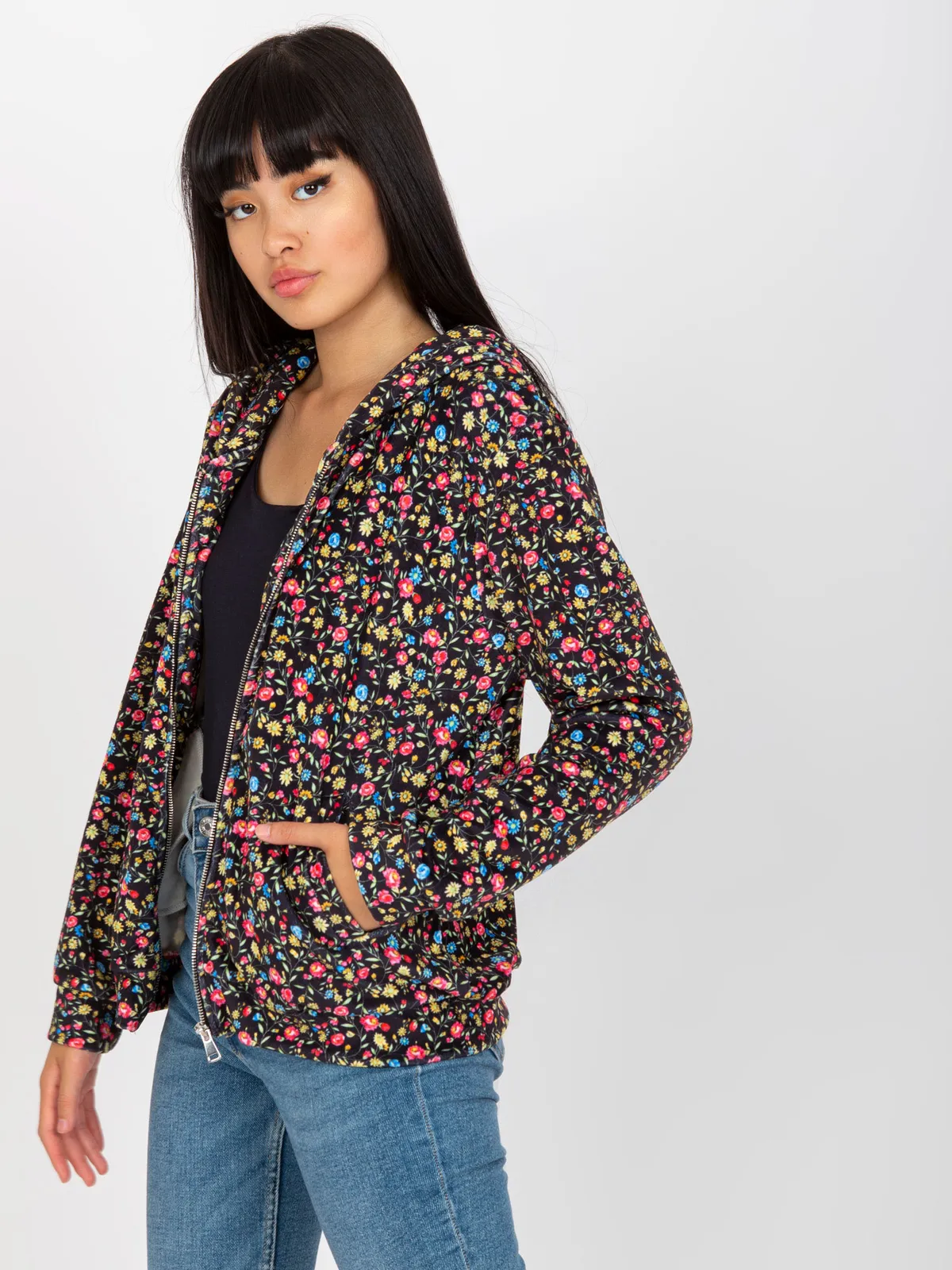 Czarno-żółta wzorzysta bluza rozpinana z kapturem RUE PARIS - zdjęcie 4