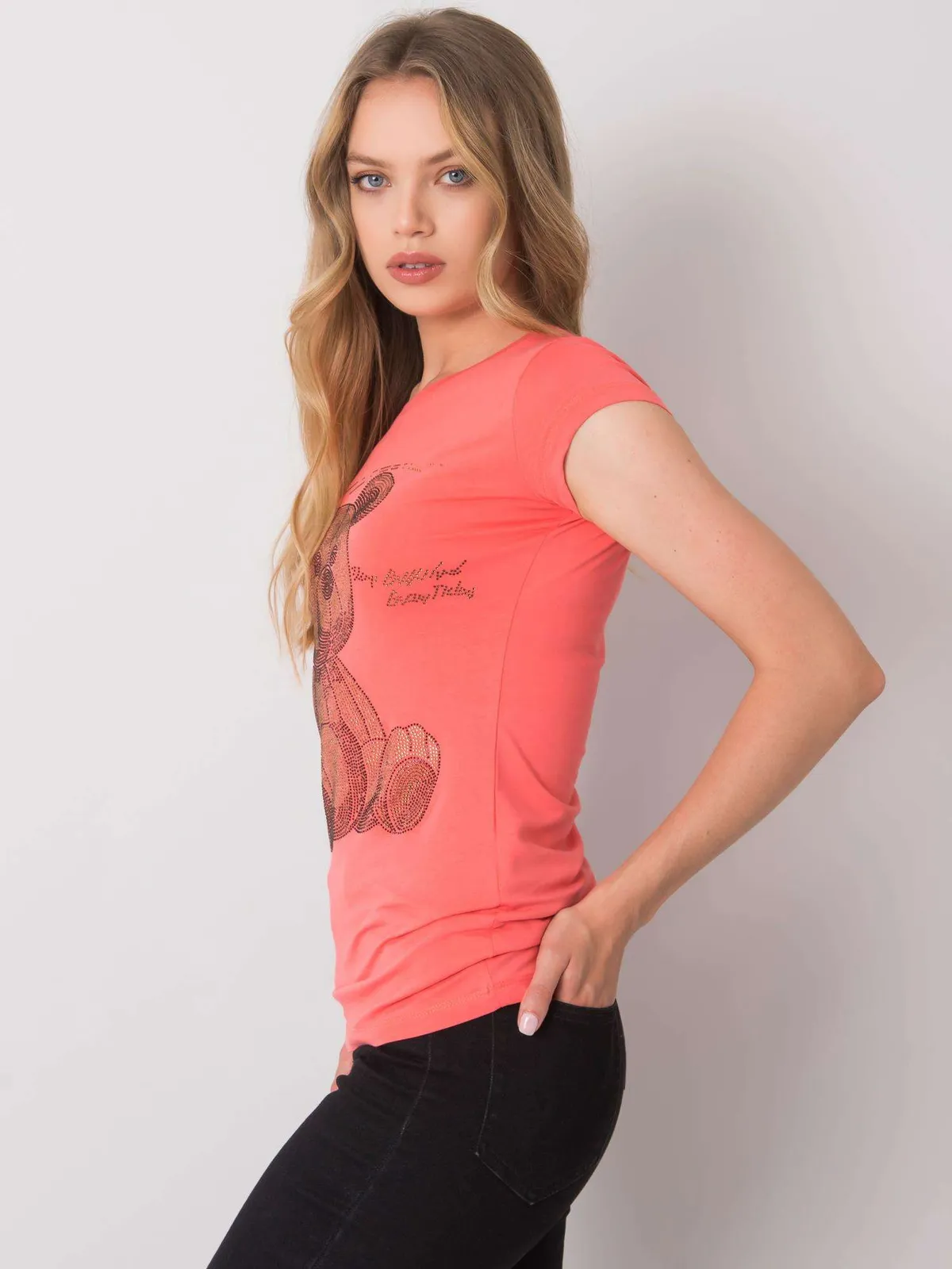 Ecru t-shirt damski z dżetami - zdjęcie 2