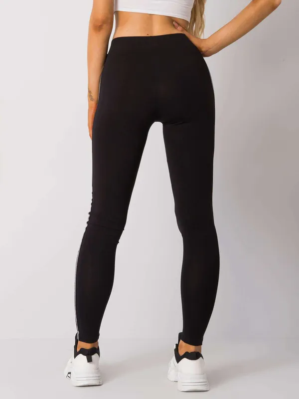 RUE PARIS Czarno-srebrne legginsy z lampasami