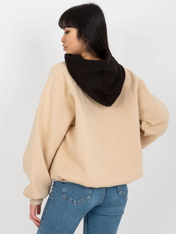 Beżowo-czarna luźna dresowa bluza basic z kapturem - widok 2