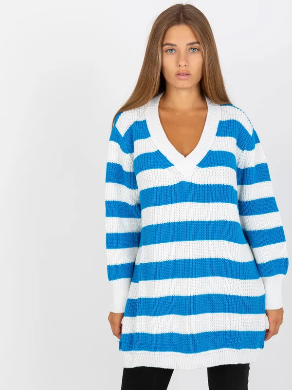 Biało-czarny dłuższy sweter oversize z wełną RUE PARIS - widok 2
