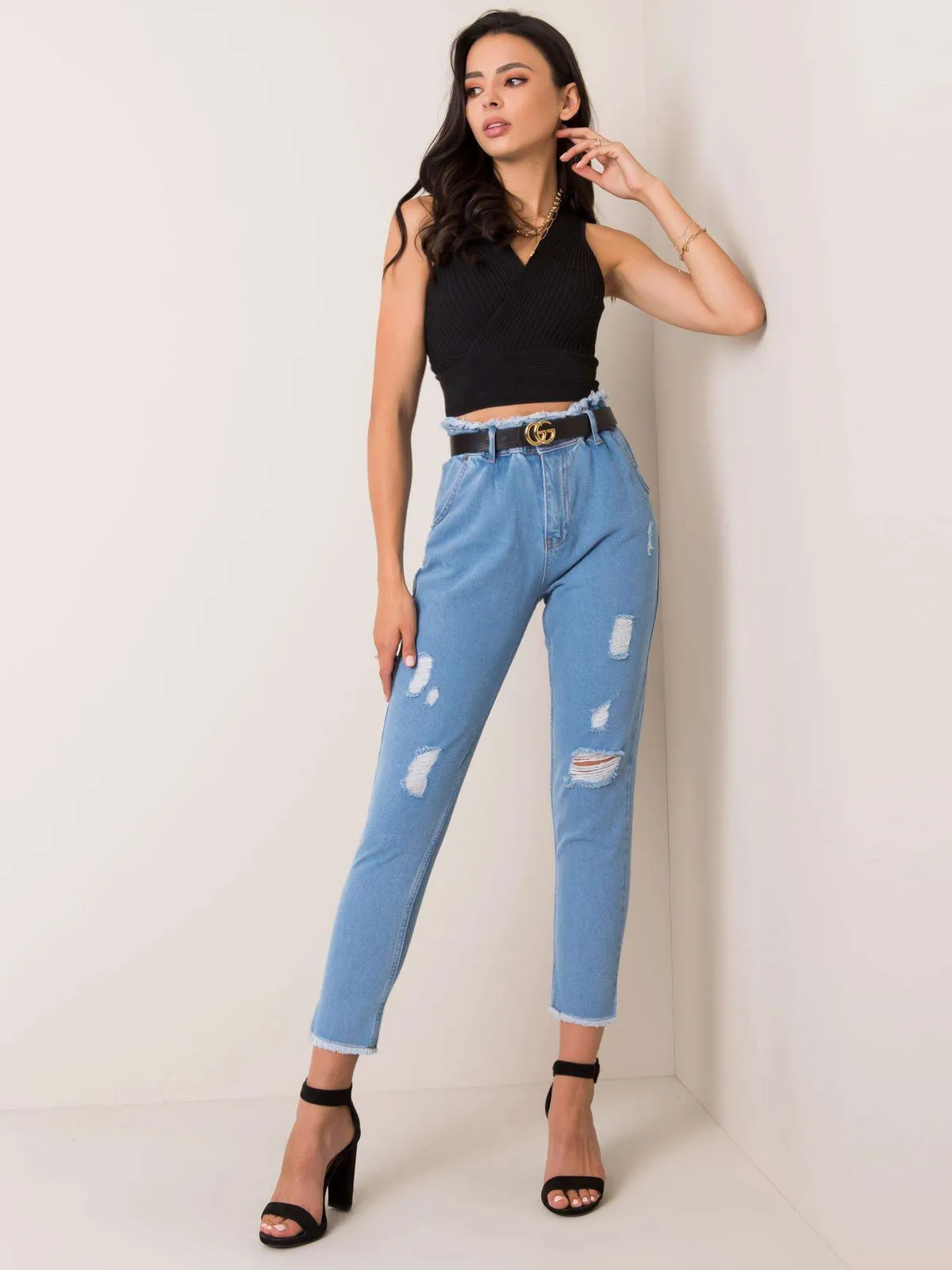RUE PARIS Niebieskie jeansy high waist z przetarciami - zdjęcie 2
