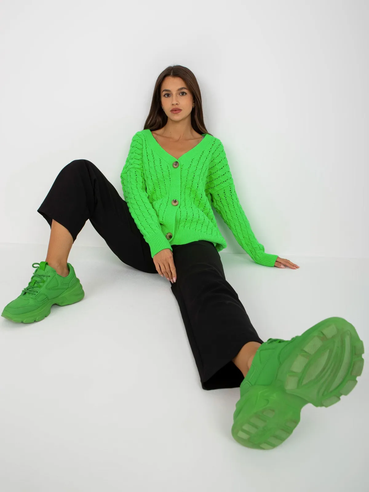 Fluo różowy ażurowy sweter rozpinany z guzikami RUE PARIS - zdjęcie 5
