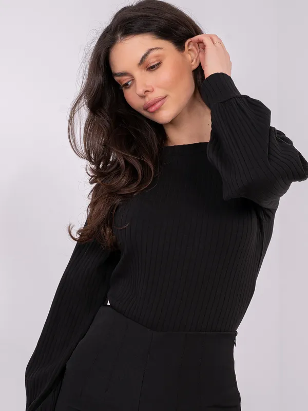 Prążkowana bluzka z bufiastymi rękawami i naszywką - widok 2