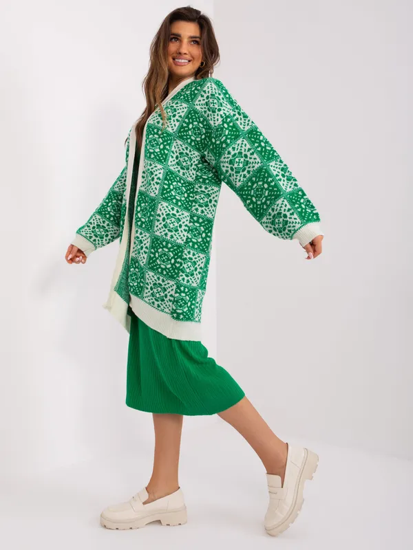 Zielono-ecru luźny kardigan we wzory