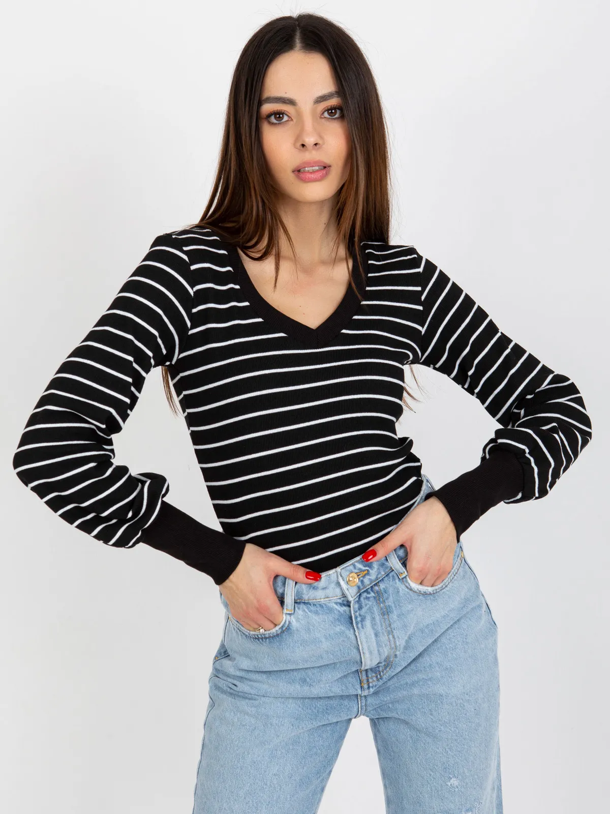 Czarno-biała dopasowana bluzka w prążek BASIC FEEL GOOD - zdjęcie 5