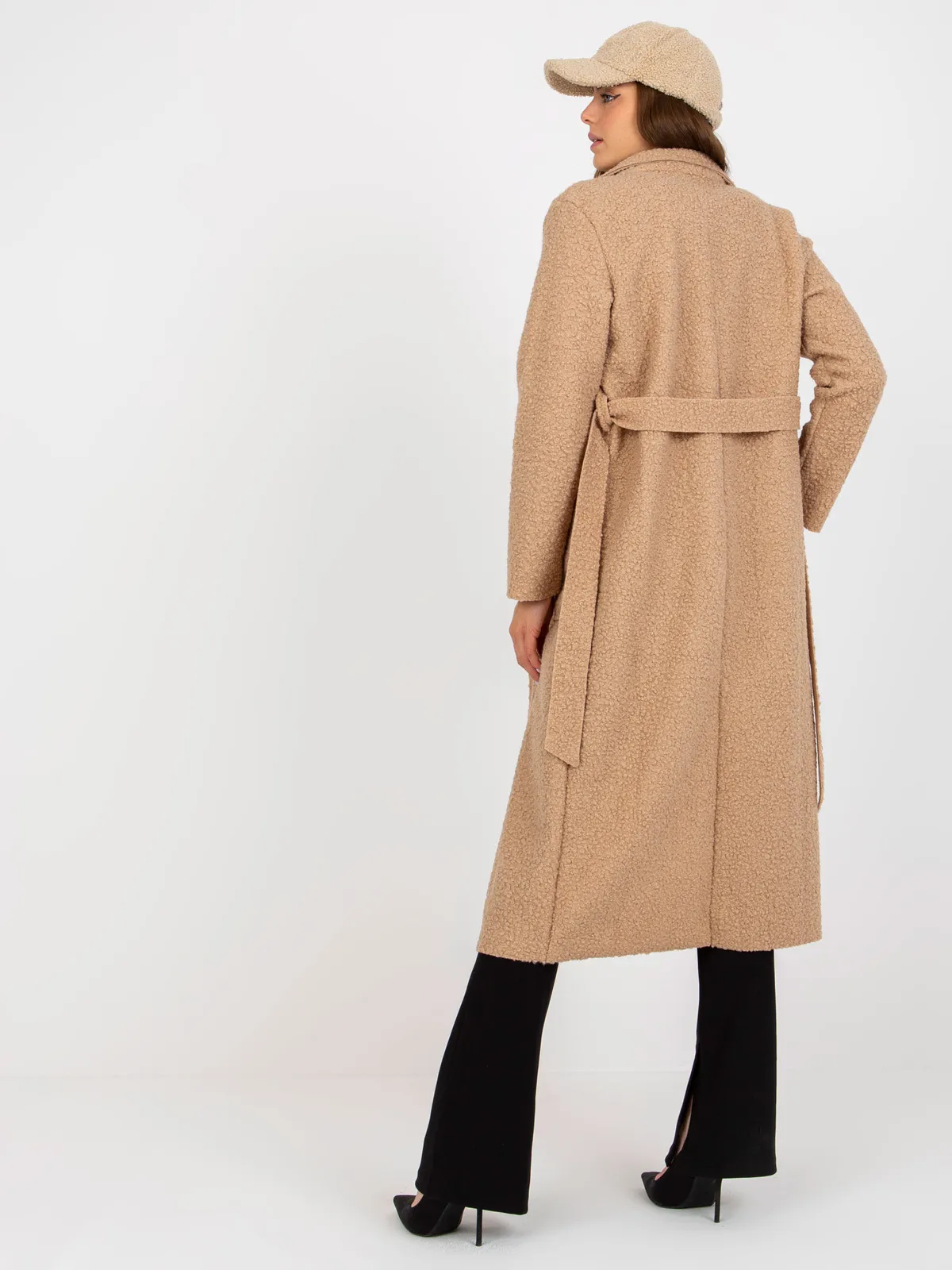 Khaki pluszowy maxi płaszcz z wiązaniem Merve OCH BELLA - zdjęcie 4