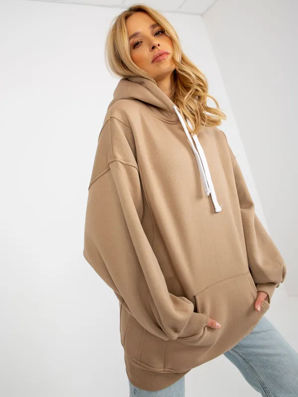 Ciemnobrązowa dresowa długa bluza basic oversize z kapturem - widok 2