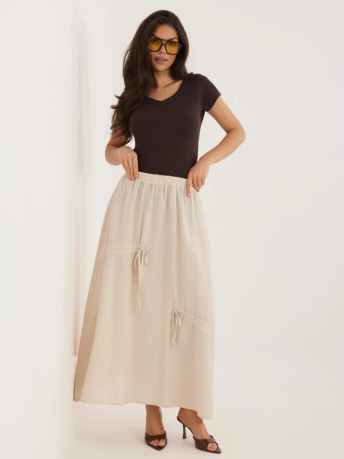 Spódnica midi o kroju boho z troczkami - zdjęcie 1