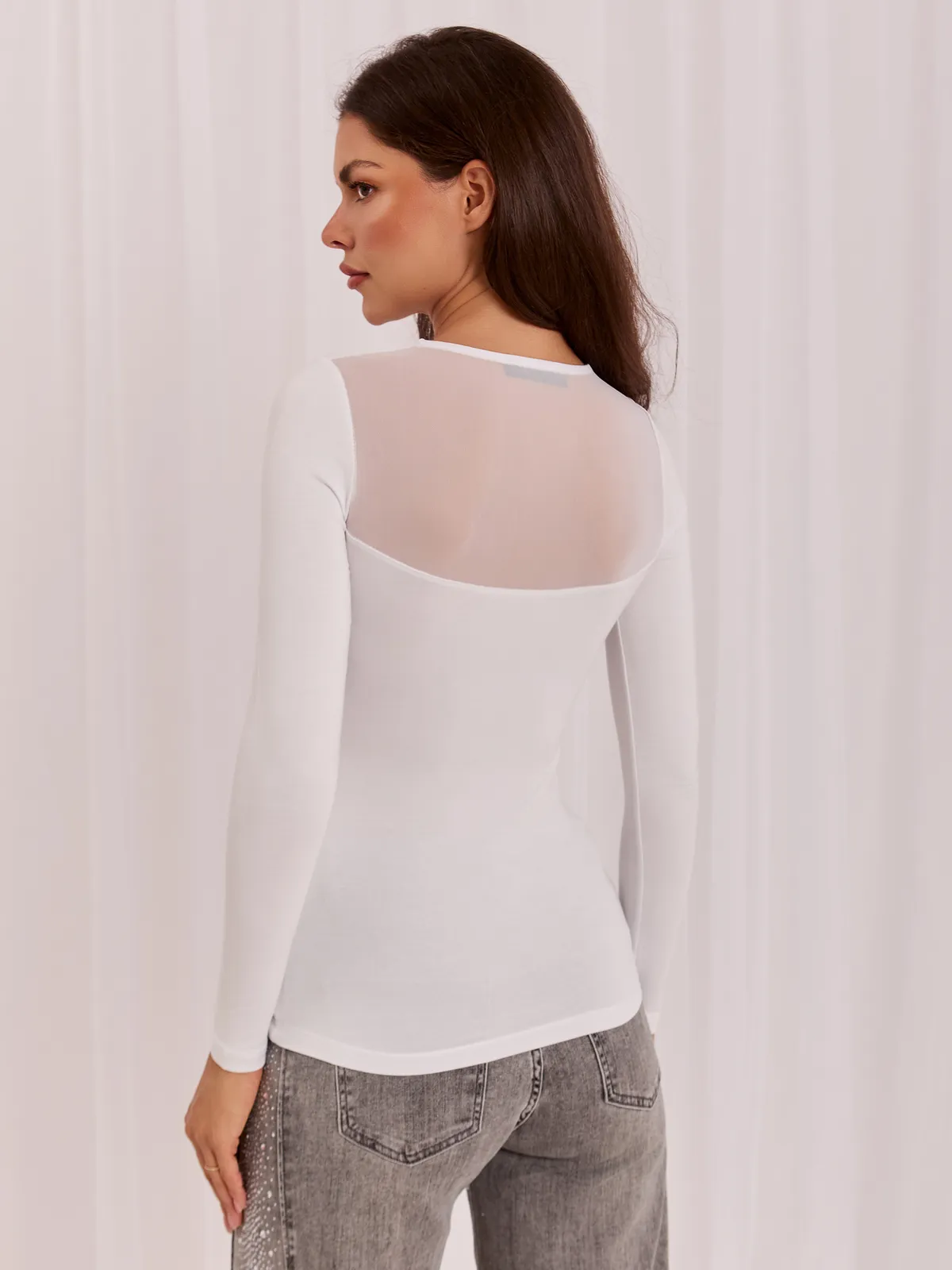 Beżowa bluzka basic z siateczką BASIC FEEL GOOD - zdjęcie 11