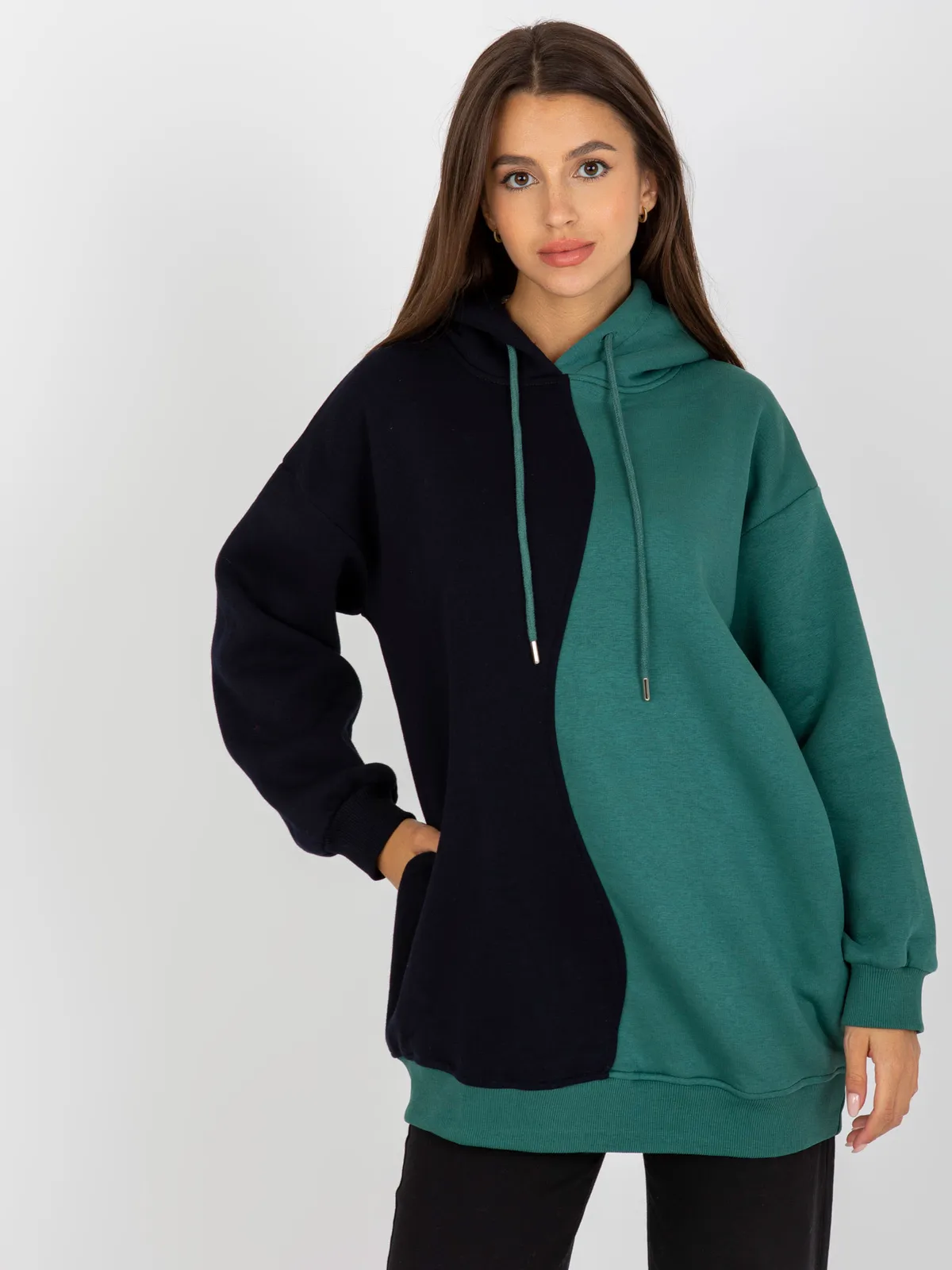 Beżowo-niebieska damska bluza basic z kapturem RUE PARIS - zdjęcie 2