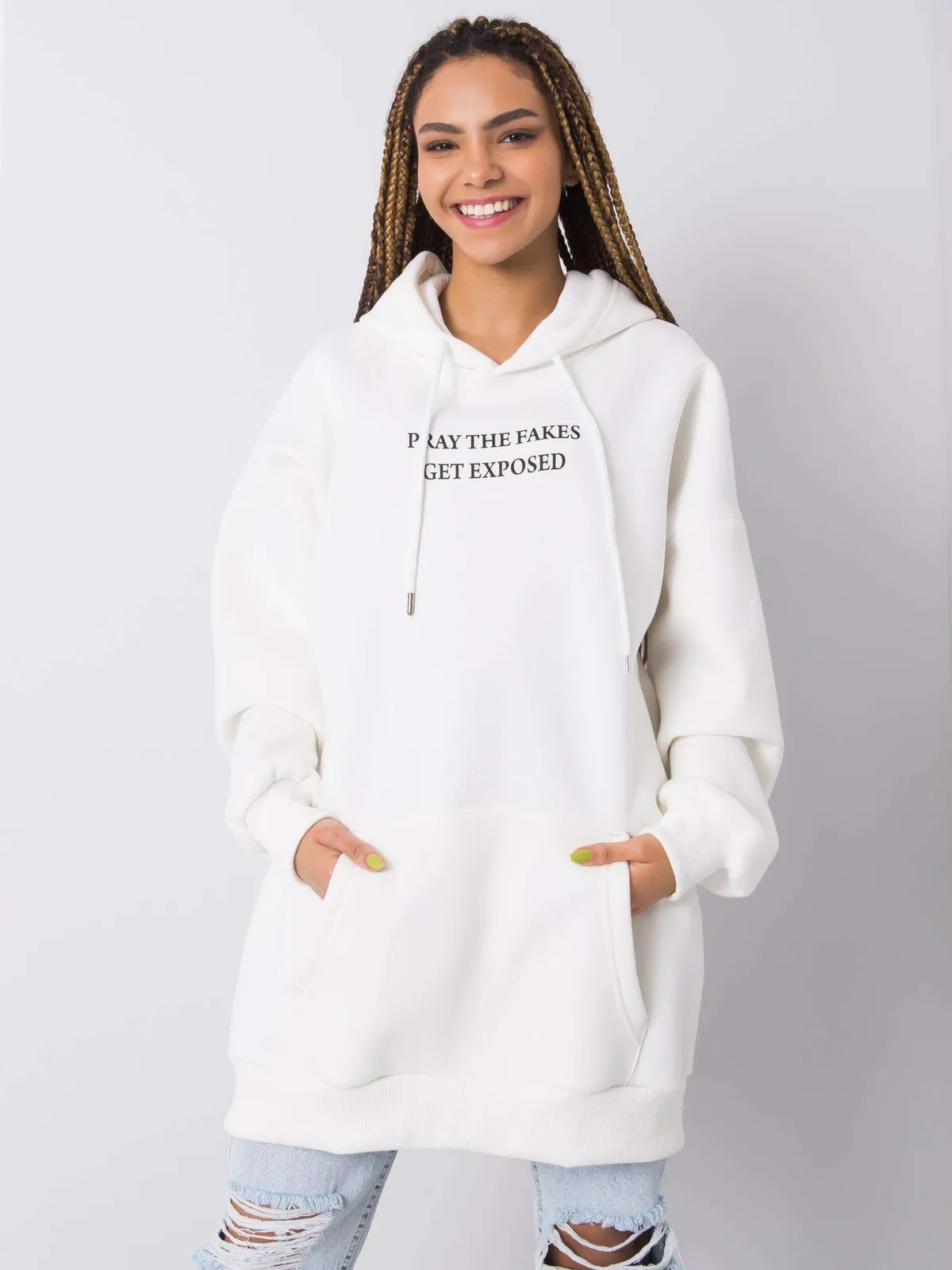 RUE PARIS Ecru bluza kangurka z kapturem - zdjęcie 2