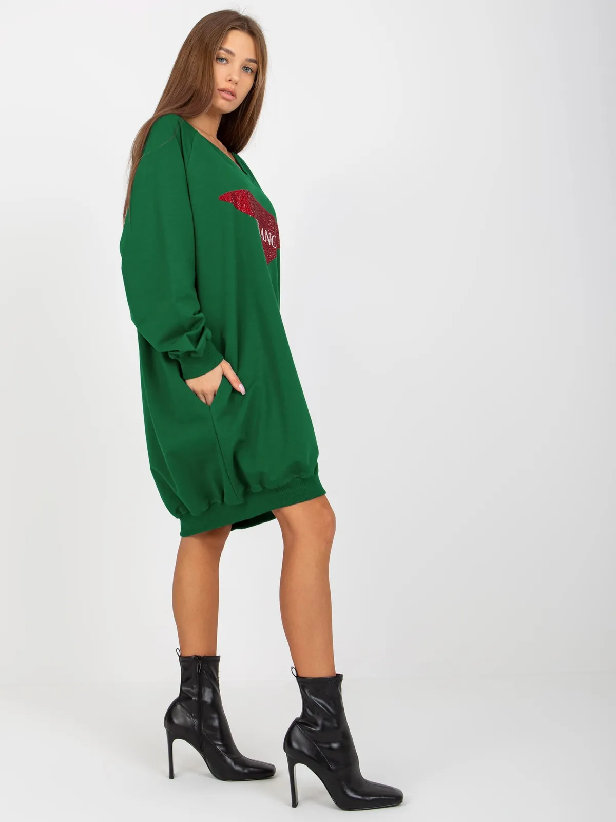 Beżowa długa bluza oversize z aplikacją z dżetów - zdjęcie 3