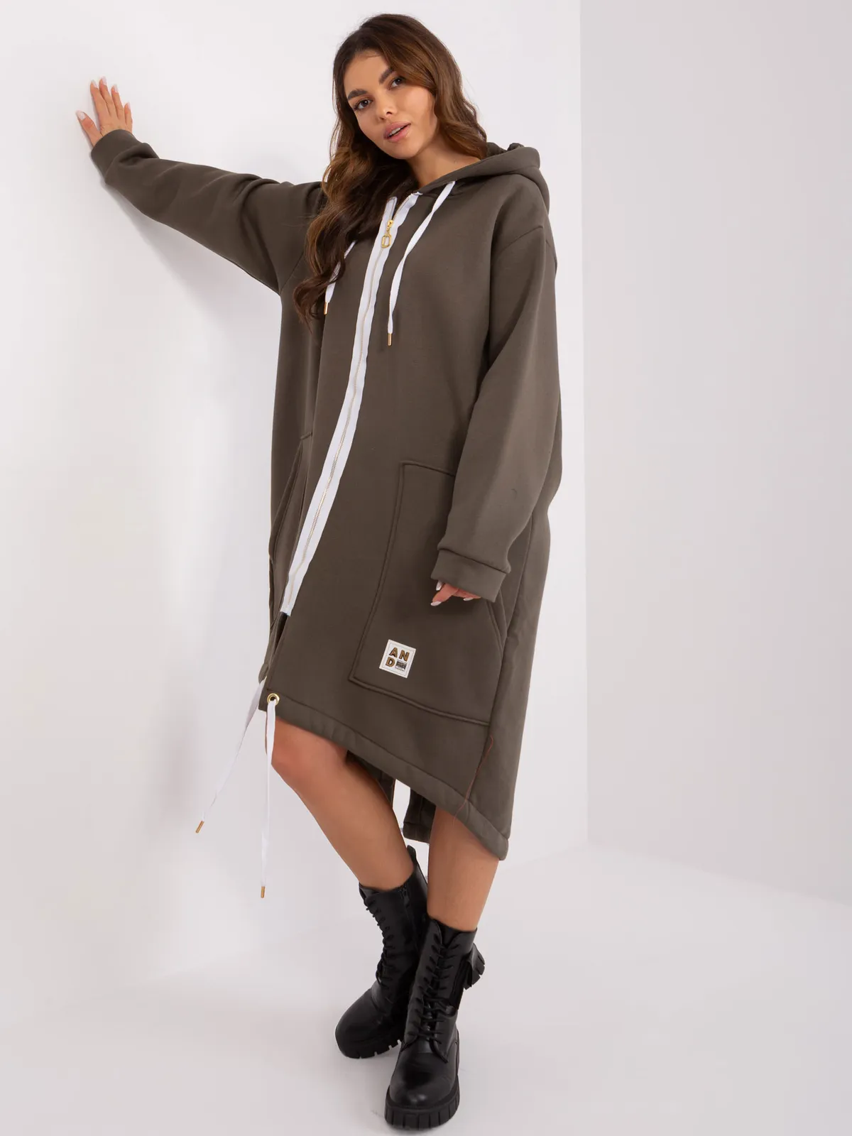 Długa bluza oversize z kapturem i suwakiem - zdjęcie 1