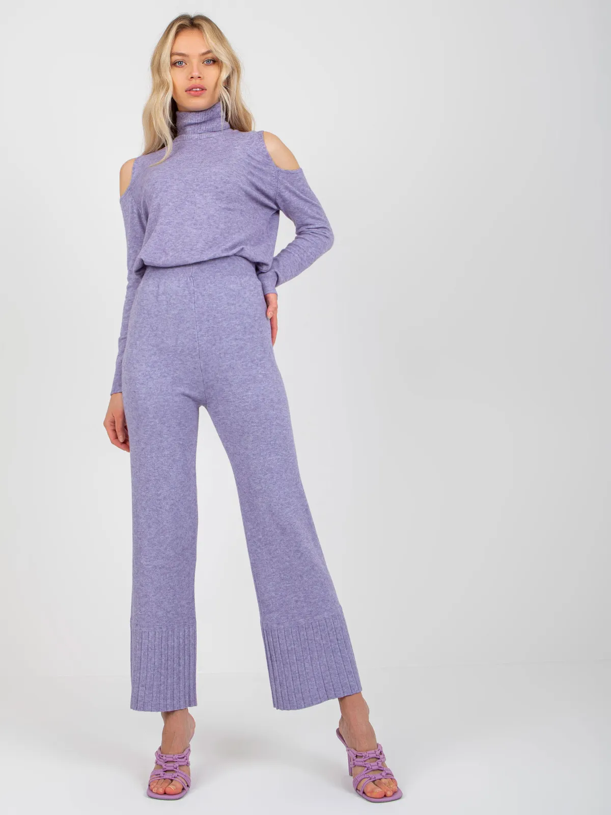 Ciemnożółte szerokie spodnie dzianinowe high waist - zdjęcie 2