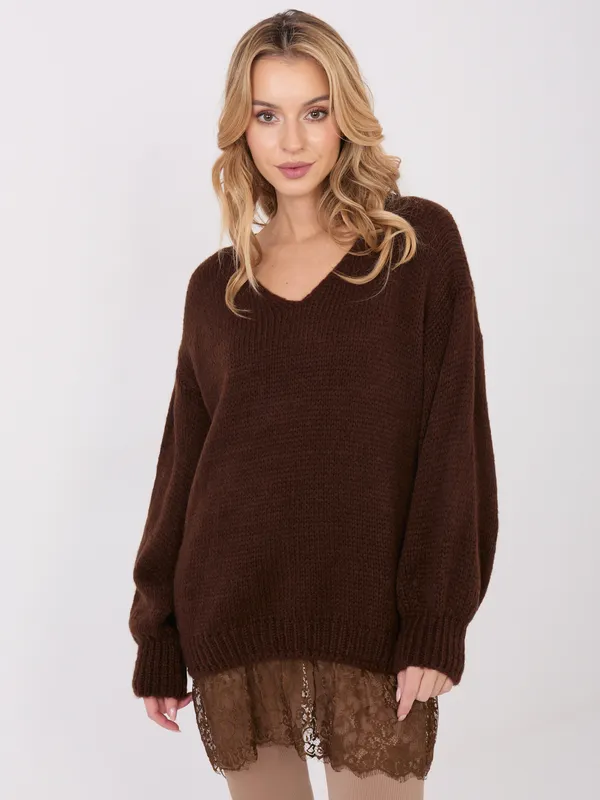 Oversize sweter z wykończeniem z subtelnej koronki - widok 2