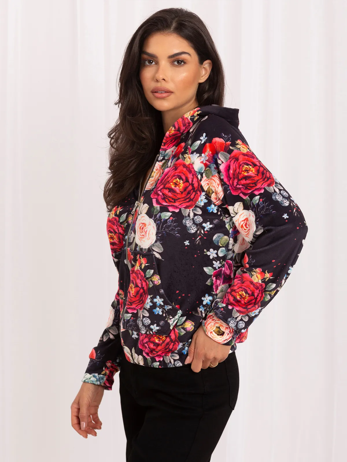Czarna welurowa bluza rozpinana z printem RUE PARIS - zdjęcie 6