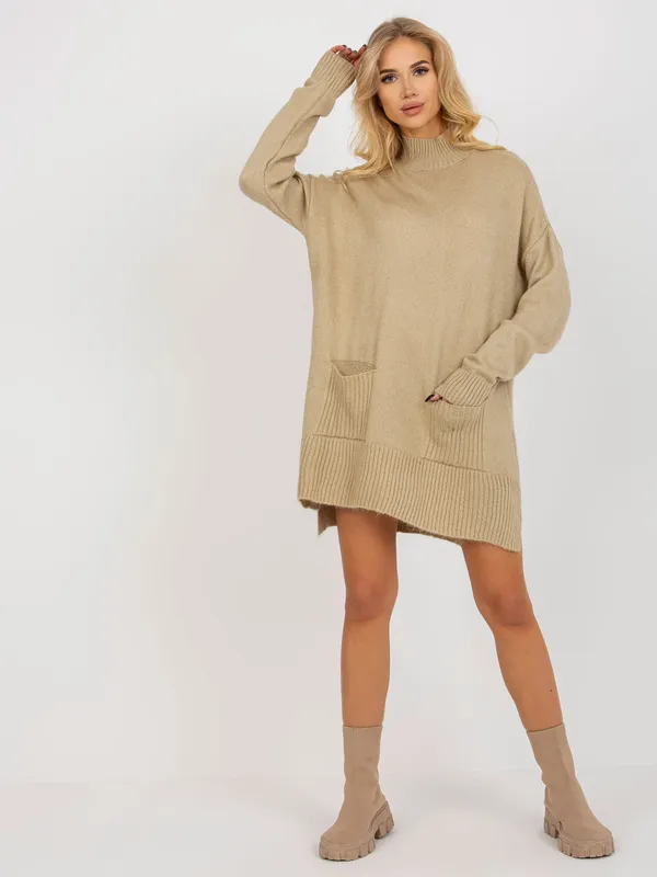 Żółty długi sweter oversize z kieszeniami
