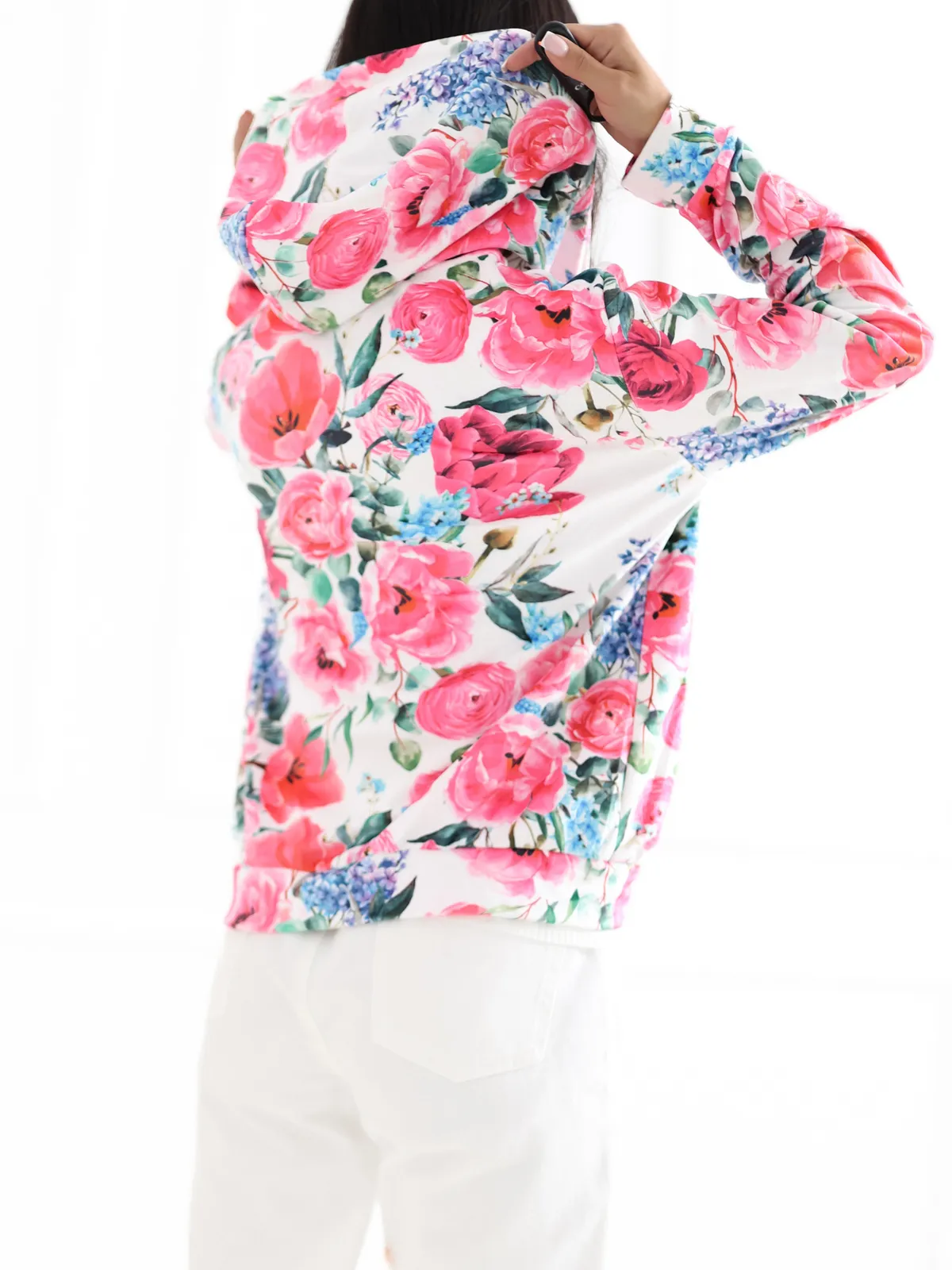 Czarno-różowa rozpinana bluza w kwiaty RUE PARIS - zdjęcie 4