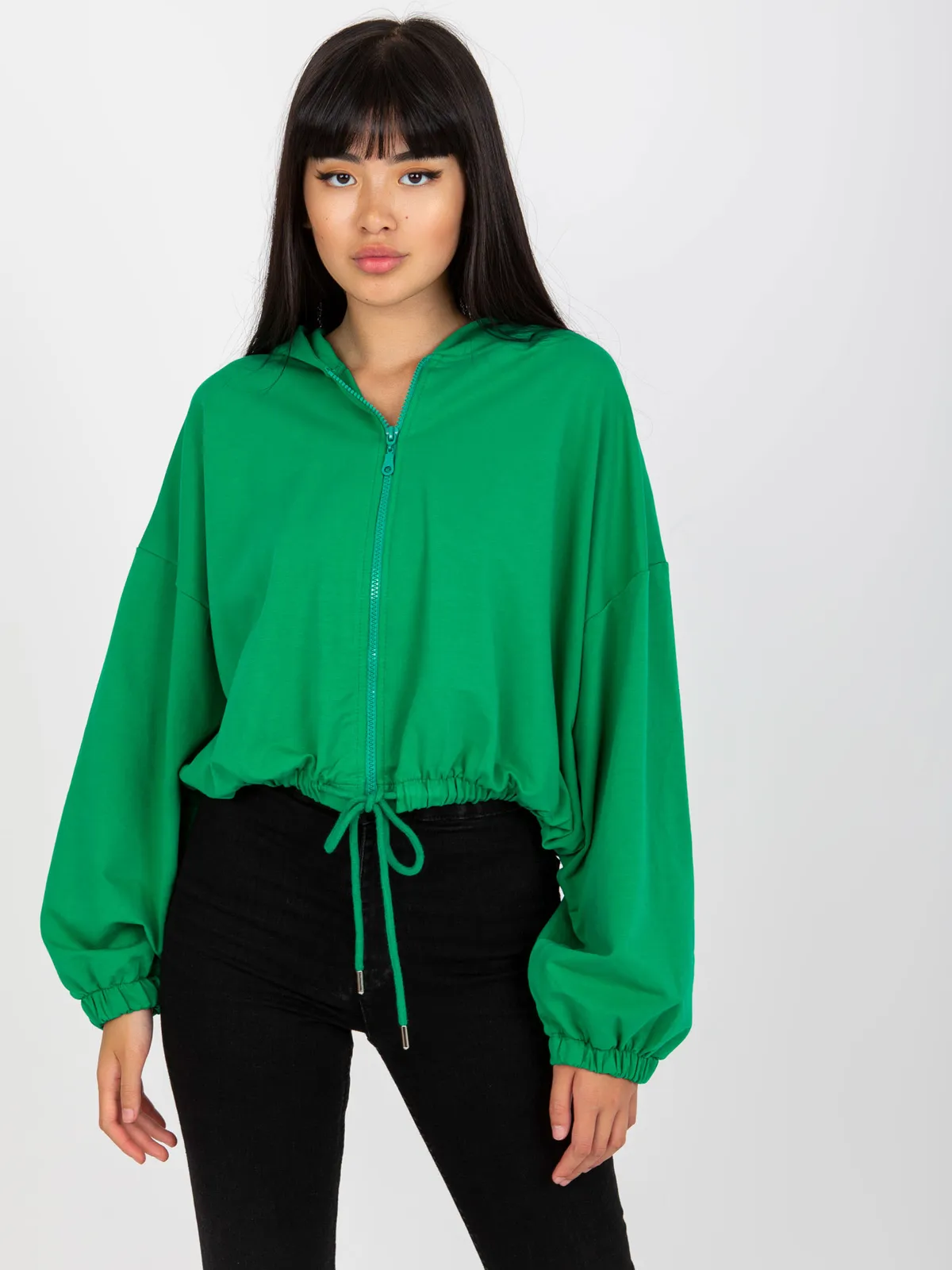 Szara melanżowa krotka bluza basic ze ściągaczem RUE PARIS - zdjęcie 4
