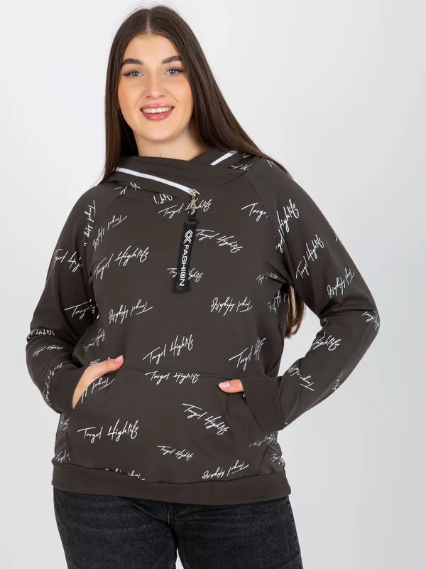 Khaki damska bluza plus size z kapturem i nadrukiem