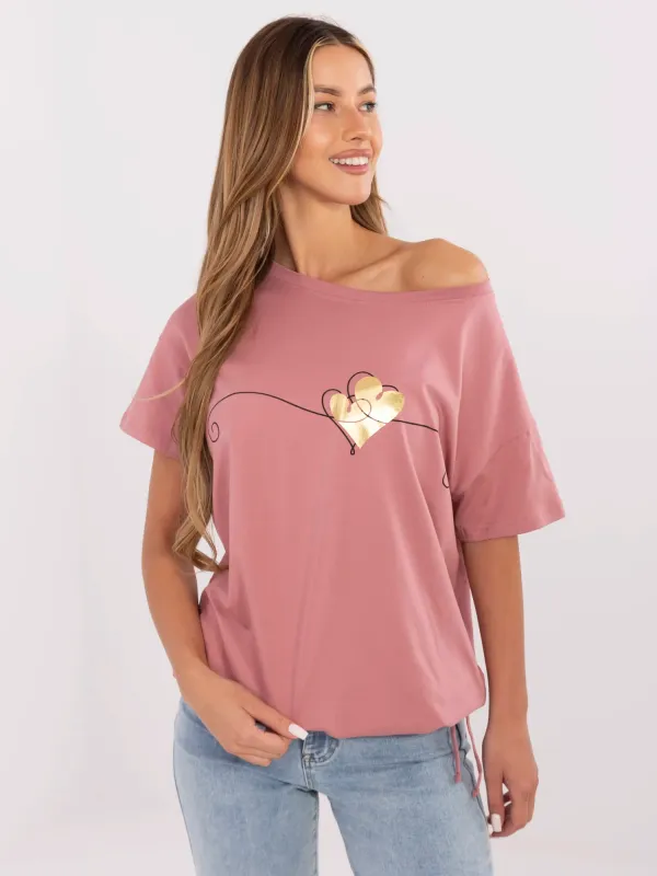 Luźny T-shirt oversize z ozdobnym nadrukiem serca
