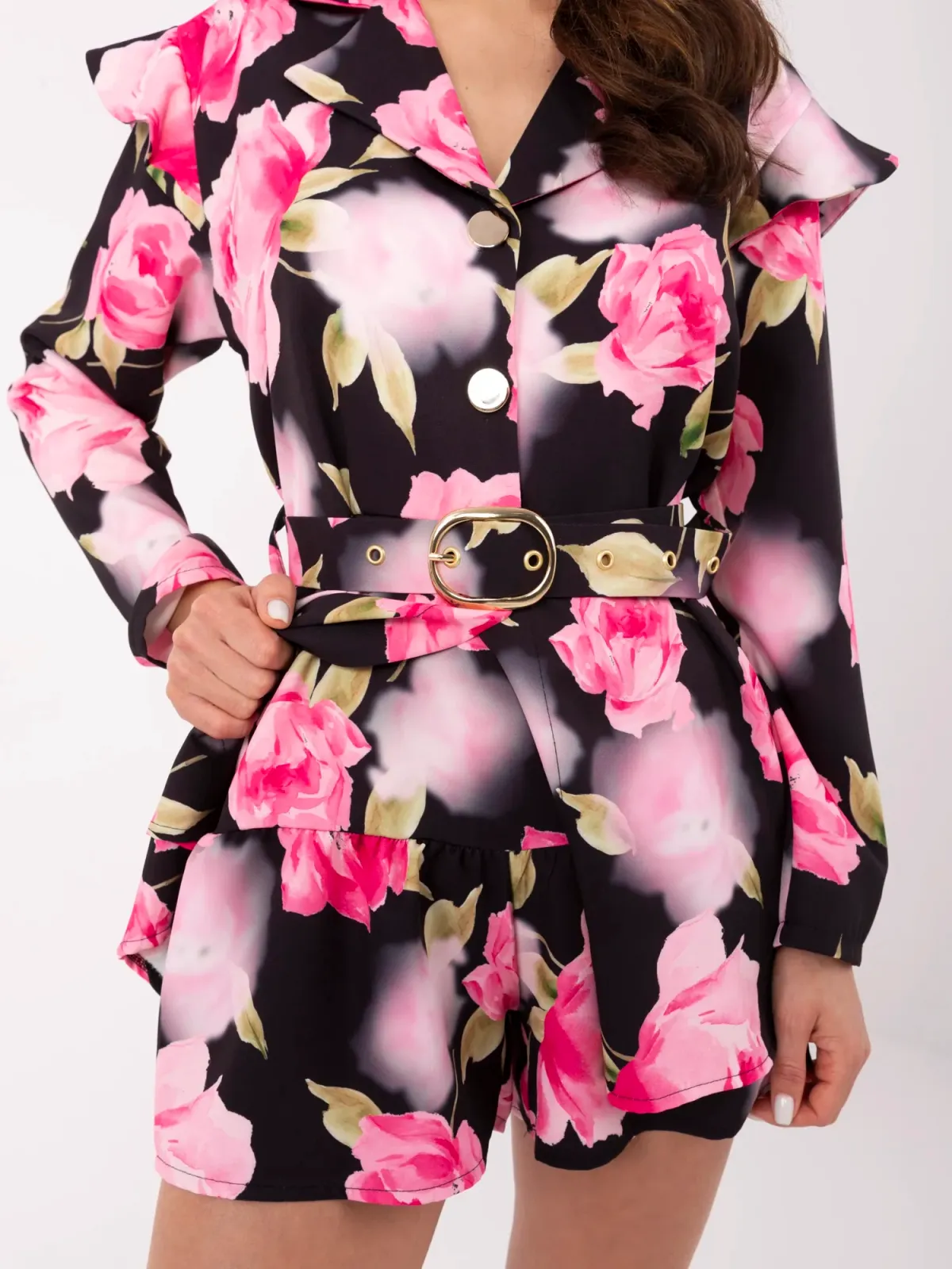 Kombinezon w kwiaty z paskiem i falbanami - zdjęcie 1