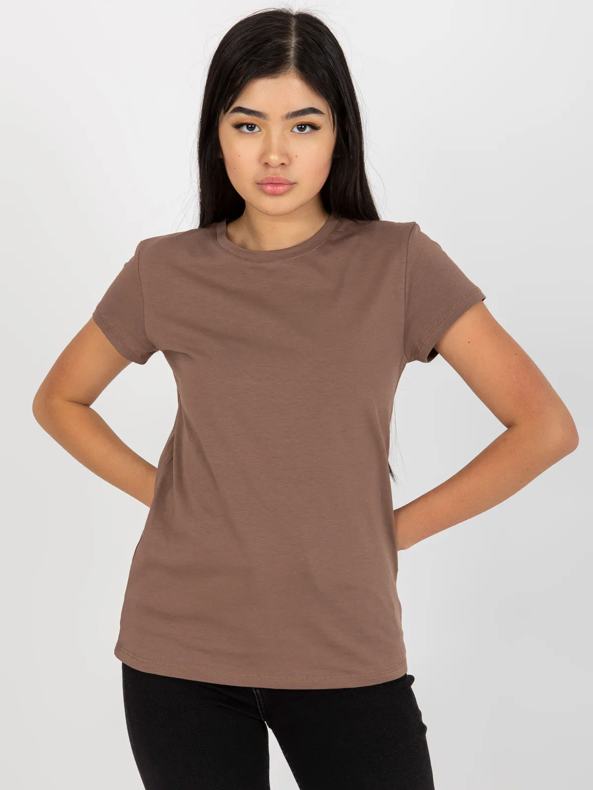 Brązowy t-shirt basic z okrągłym dekoltem Peachy - zdjęcie 3
