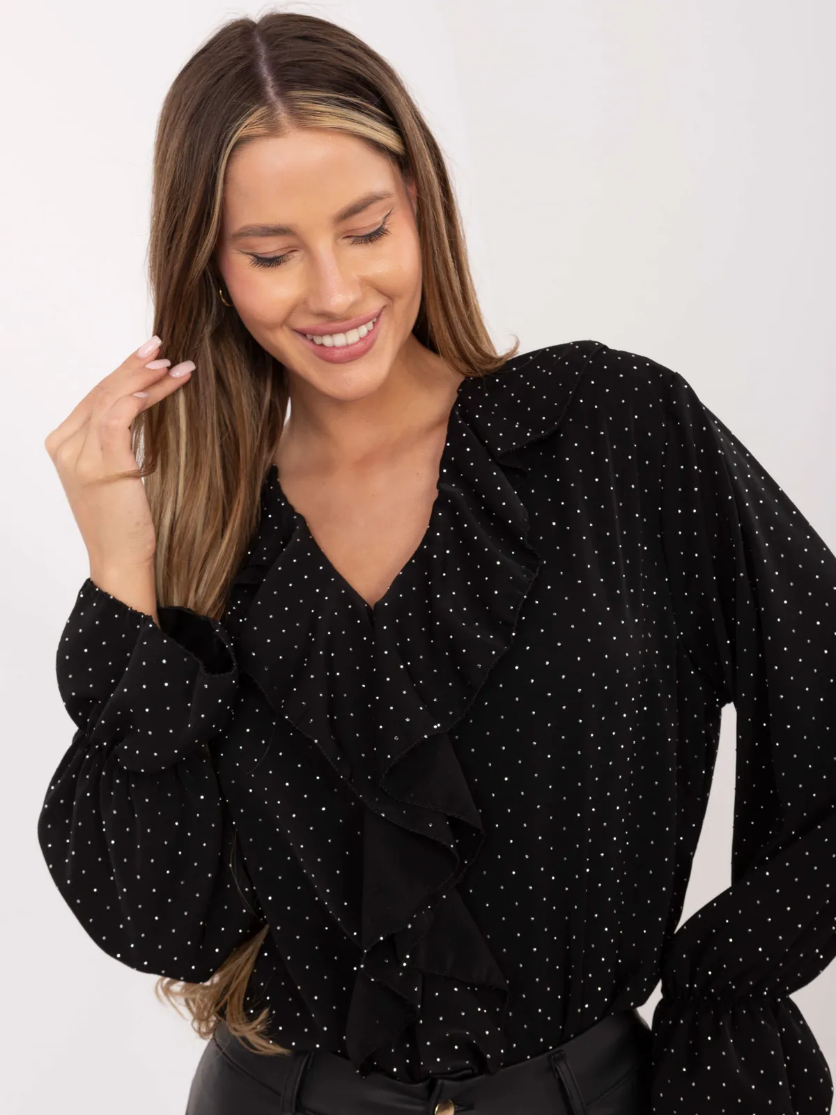 Bluzka z falbaną i marszczonymi mankietami - zdjęcie 1