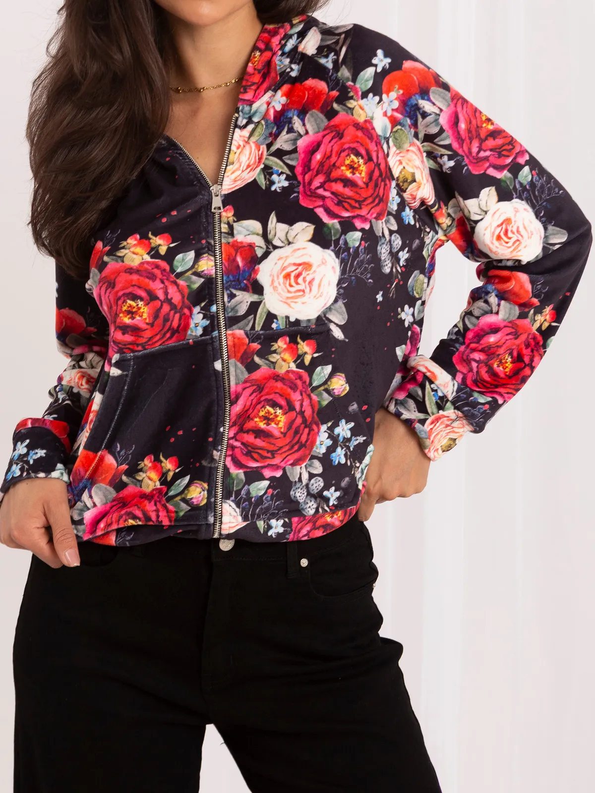 Czarna welurowa bluza rozpinana z printem RUE PARIS - zdjęcie 5
