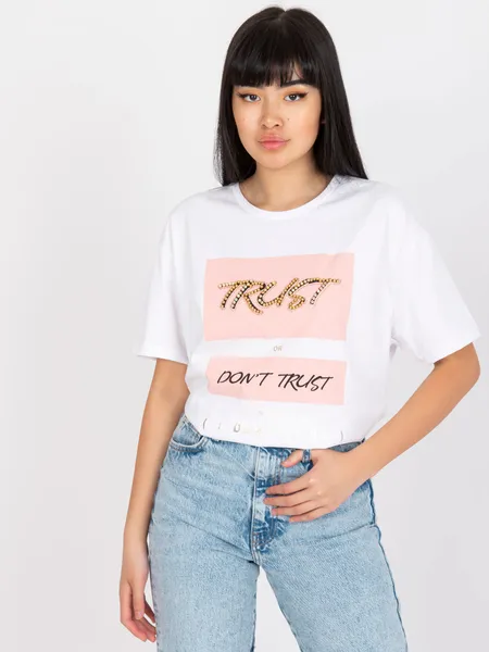 Casualowy t-shirt z ozdobnym nadrukiem i cyrkoniami