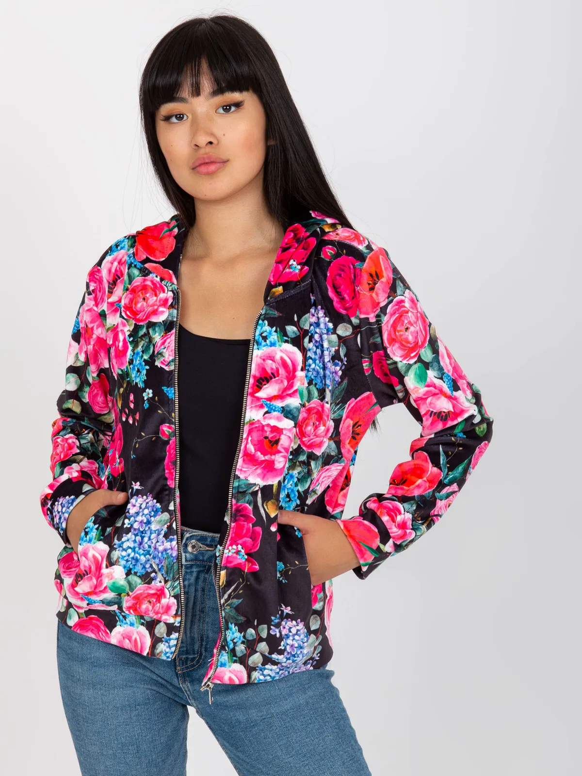 Czarno-różowa rozpinana bluza w kwiaty RUE PARIS - zdjęcie 7