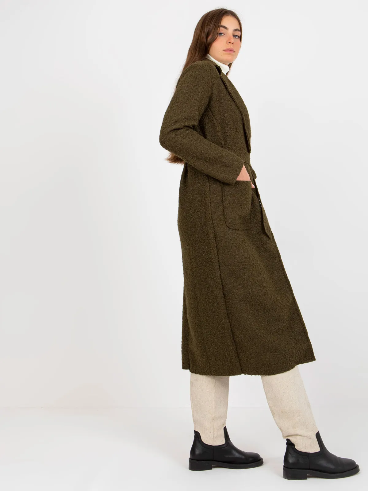Khaki pluszowy maxi płaszcz z wiązaniem Merve OCH BELLA - zdjęcie 4