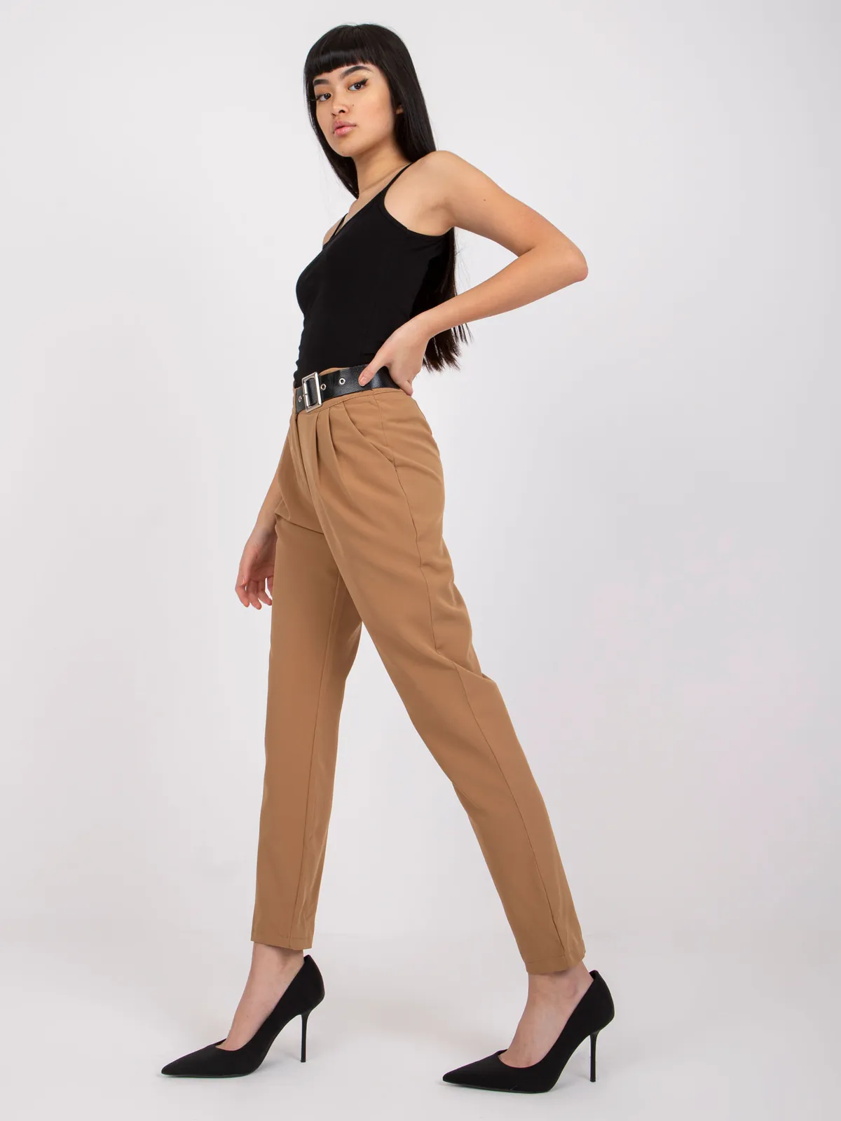 Wizytowe spodnie z wysokim stanem i paskiem - zdjęcie 1