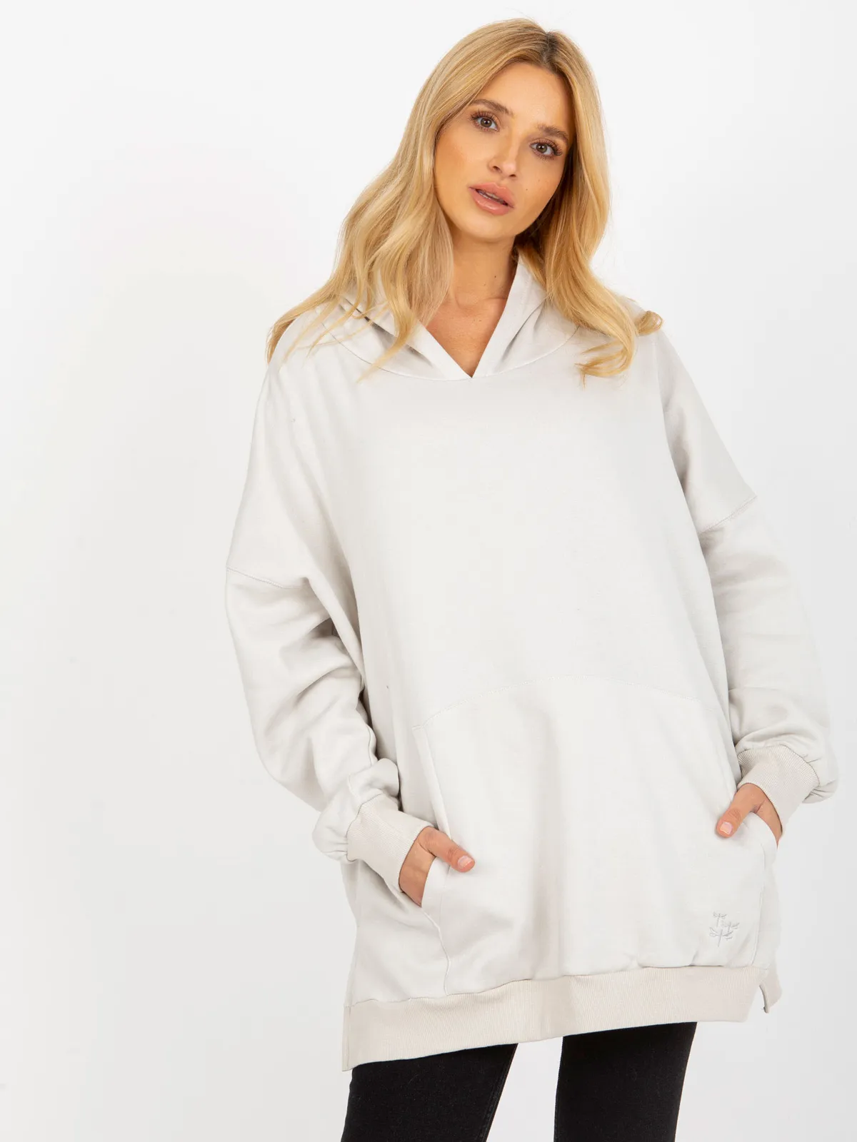 Jasnoszara długa bluza oversize z kapturem MAYFLIES - zdjęcie 2