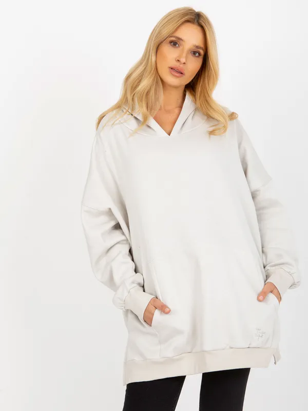Jasnoszara długa bluza oversize z kapturem MAYFLIES - widok 2