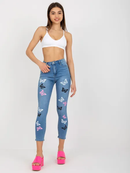 Niebieskie damskie spodnie jeansowe z nadrukiem