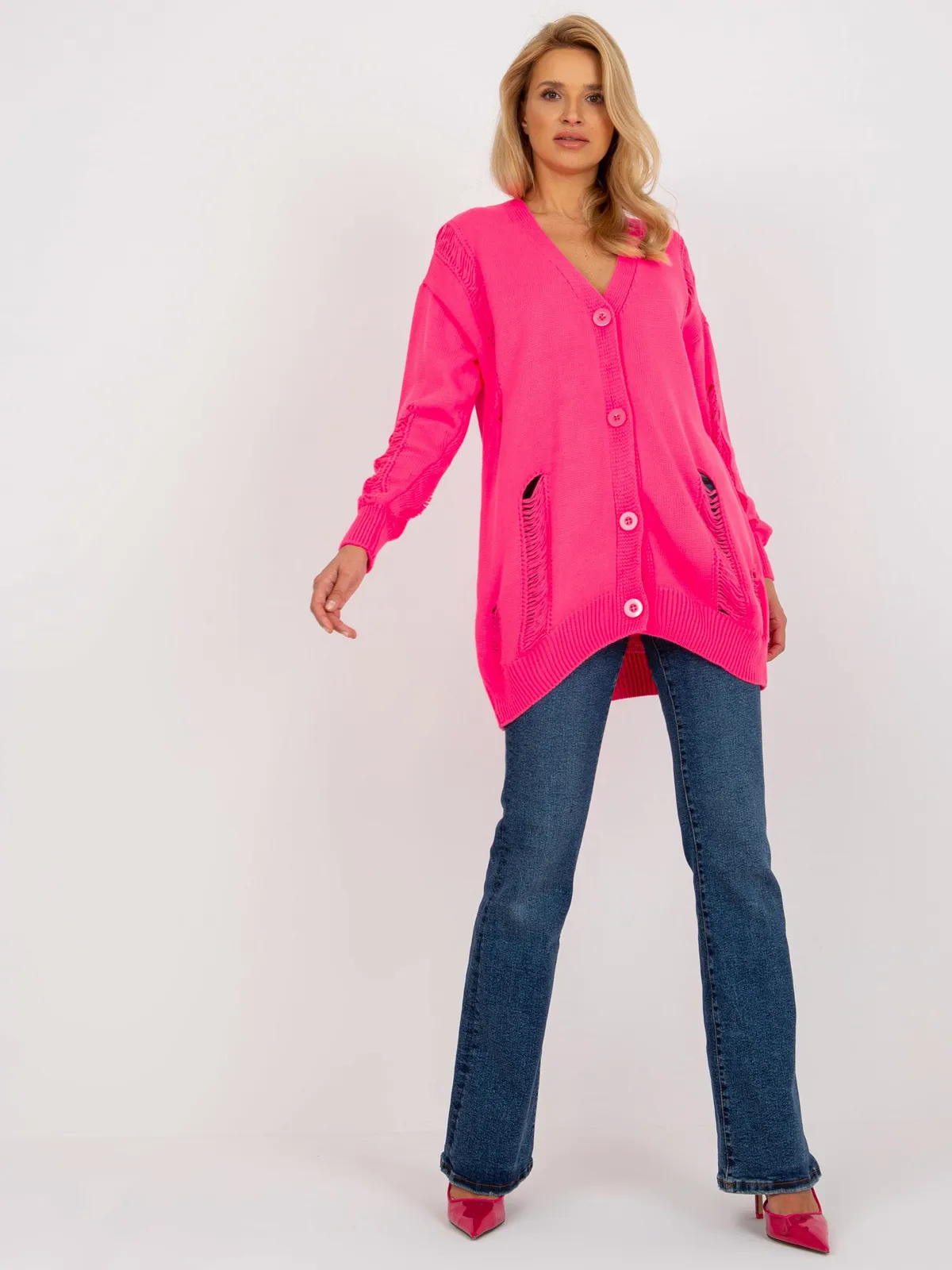 Fluo różowy luźny sweter rozpinany z dziurami RUE PARIS - zdjęcie 2