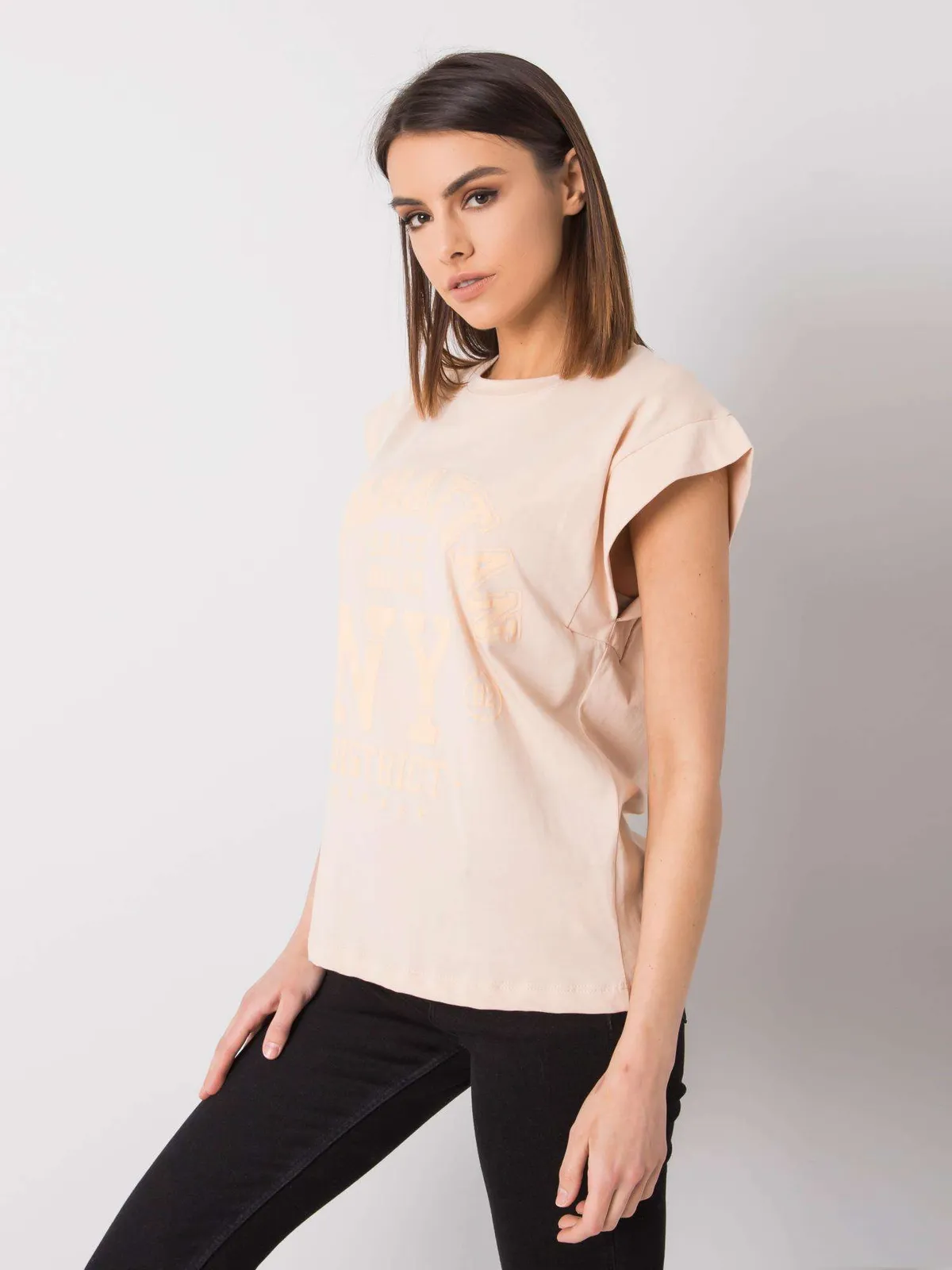 RUE PARIS Brzoskwiniowy t-shirt z printem - zdjęcie 2