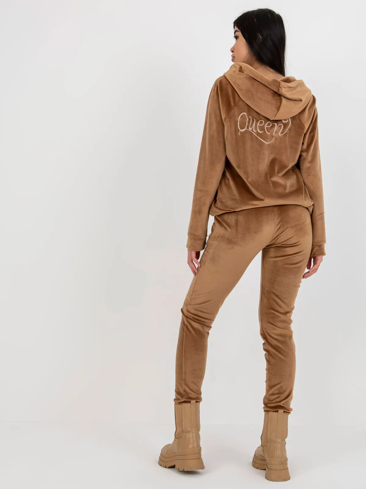 Khaki damski komplet welurowy z bluzą rozpinaną - zdjęcie 5