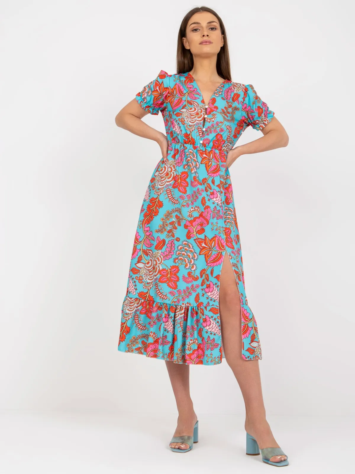 Sukienka midi boho z rozcięciem i bufkami - zdjęcie 1