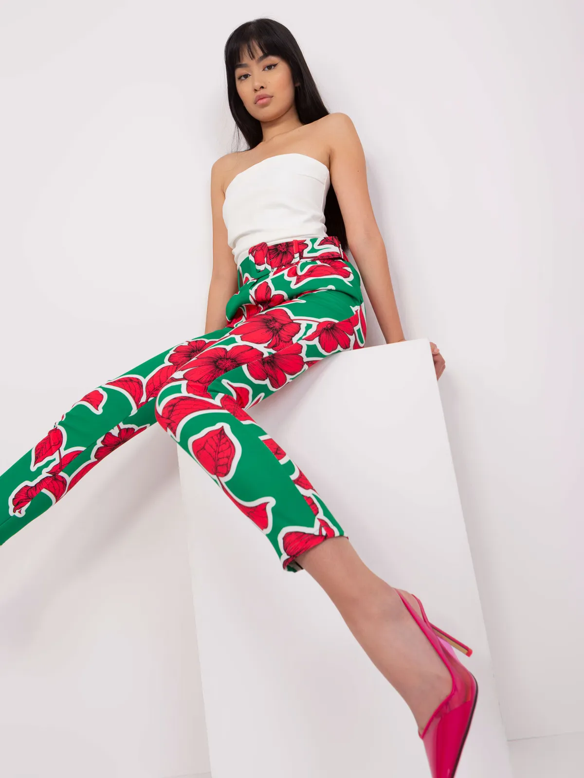 Zielono-różowe eleganckie spodnie z printem - zdjęcie 4