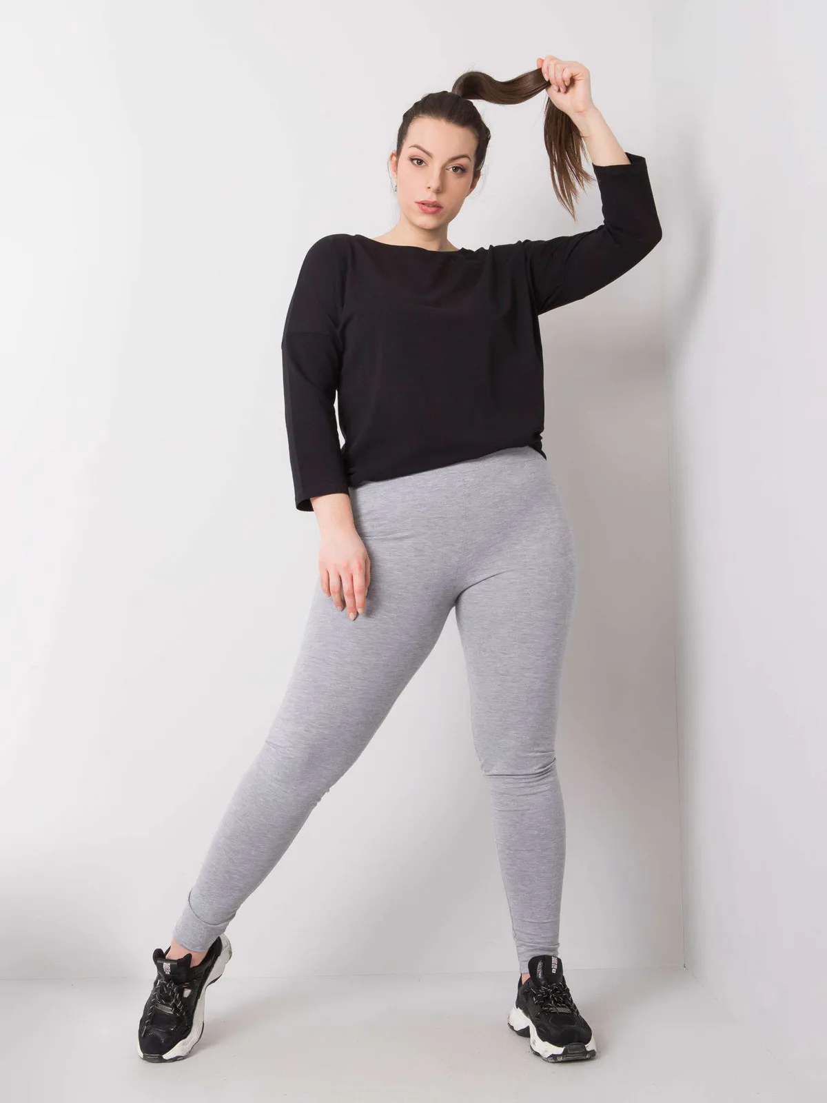 Ciemnoszare melanżowe bawełniane legginsy plus size - zdjęcie 3