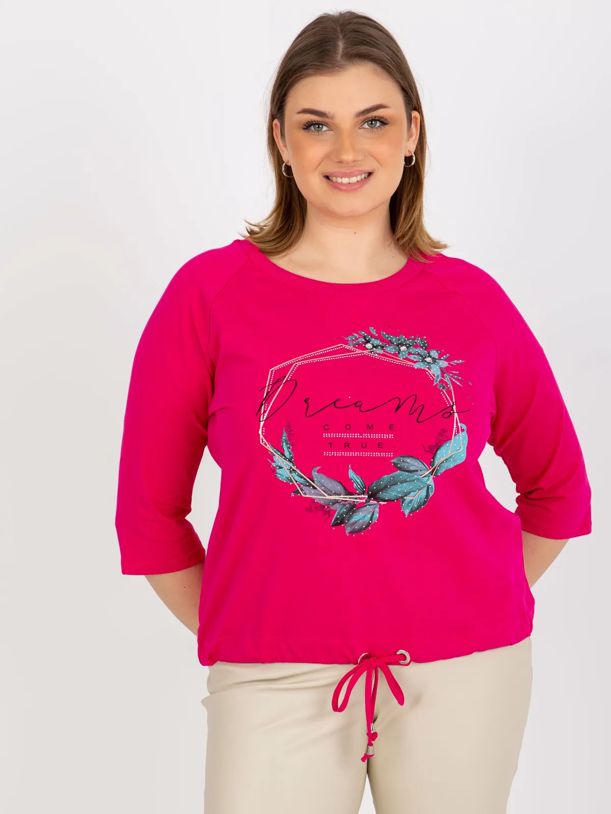 Khaki bluzka plus size z nadrukiem i dżetami - zdjęcie 2