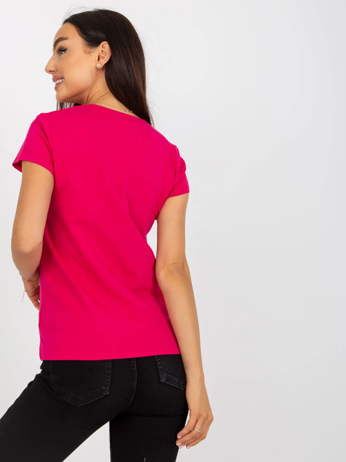 Fuksjowy damski t-shirt basic z okrągłym dekoltem - zdjęcie 3