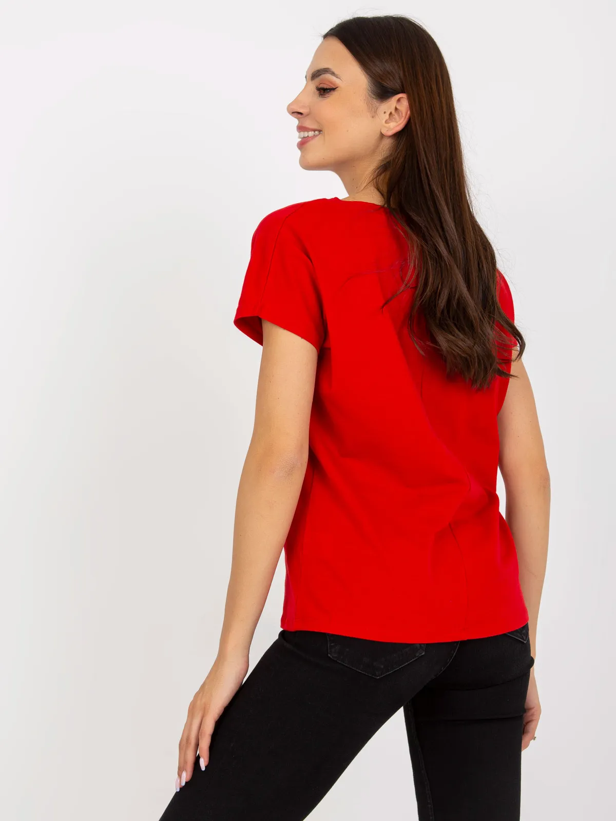 Czerwony damski t-shirt basic z bawełny - zdjęcie 2