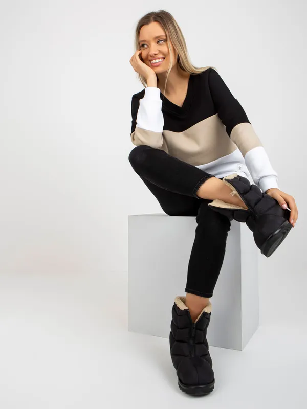 Czarno-beżowa dresowa bluza basic z dekoltem V