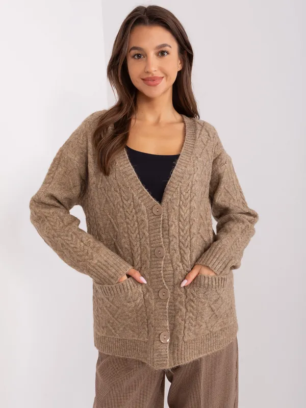 Khaki sweter dzianinowy na guziki - widok 2