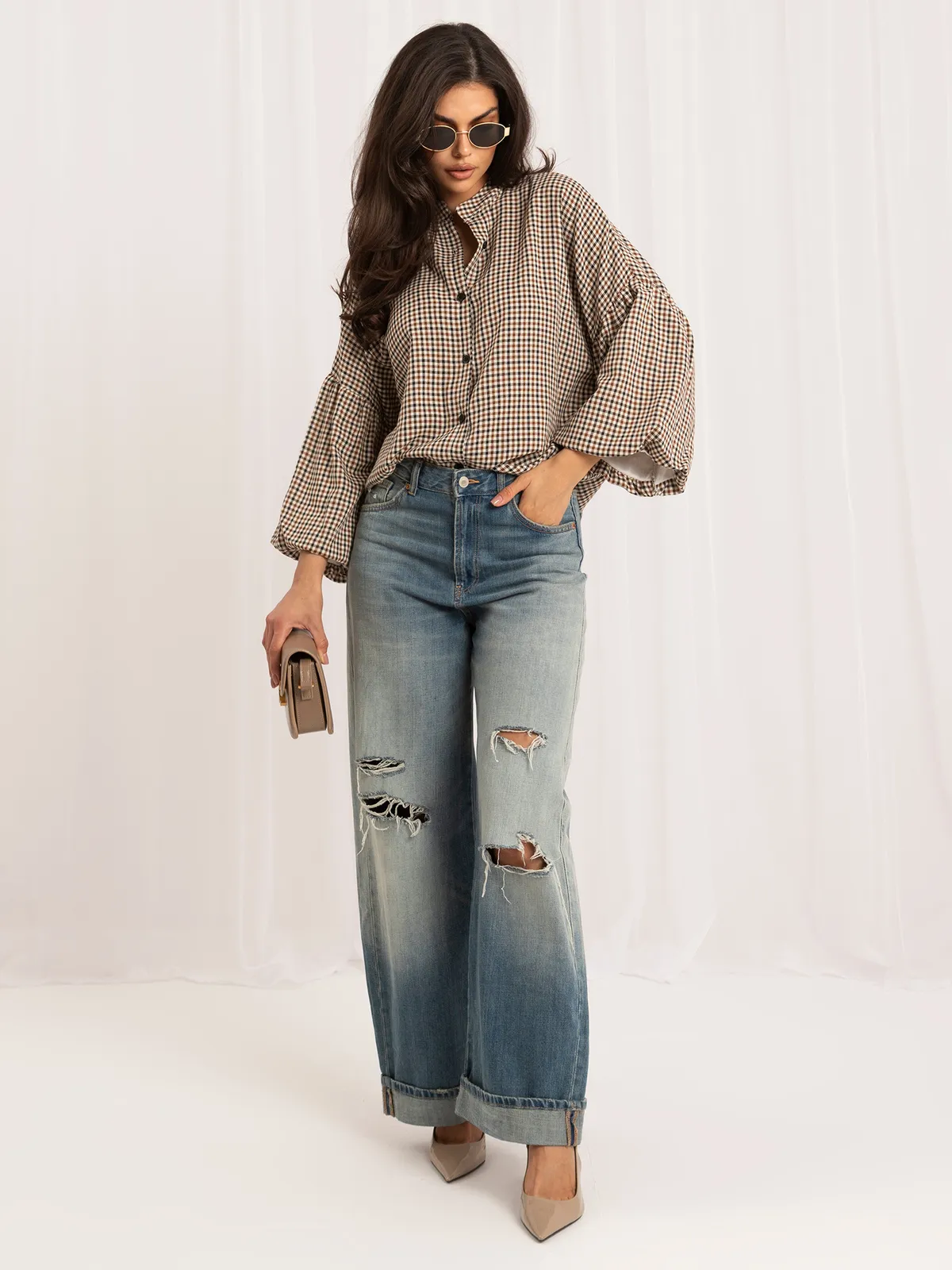 Koszula oversize z bufiastymi rękawami w kratę - zdjęcie 5