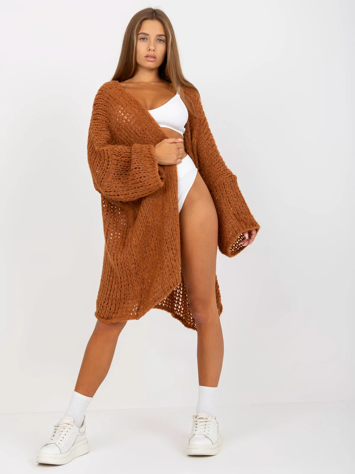 Brązowy dzianinowy kardigan oversize OCH BELLA - zdjęcie 6